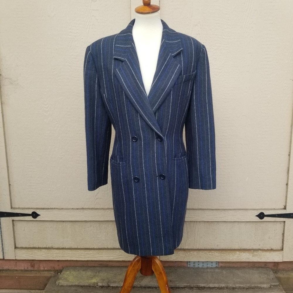 Vintage Missoni Donna Blue Pinstripe Double Breasted Wool Coat